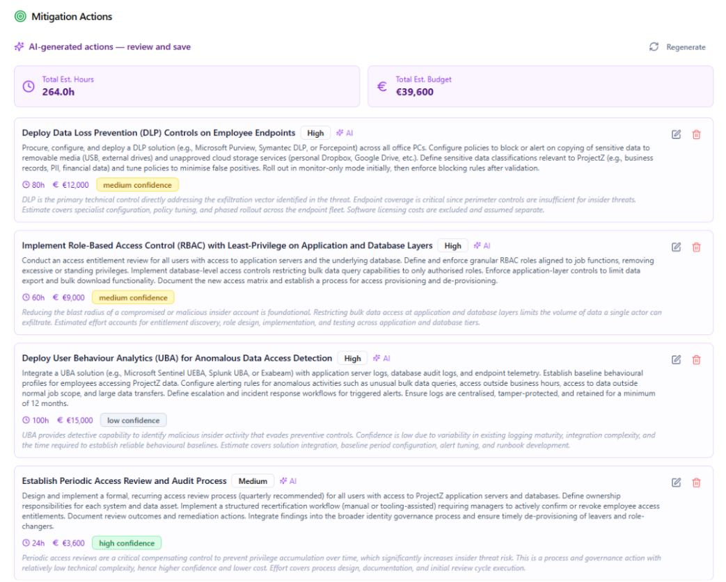 SynThreat mitigation actions view with AI-generated remediation steps, effort estimates and confidence scores