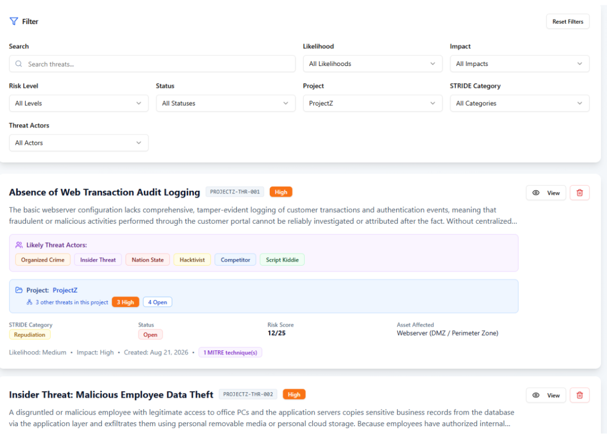SynThreat threat detail view with filters, risk scoring, STRIDE categories and threat actor mapping