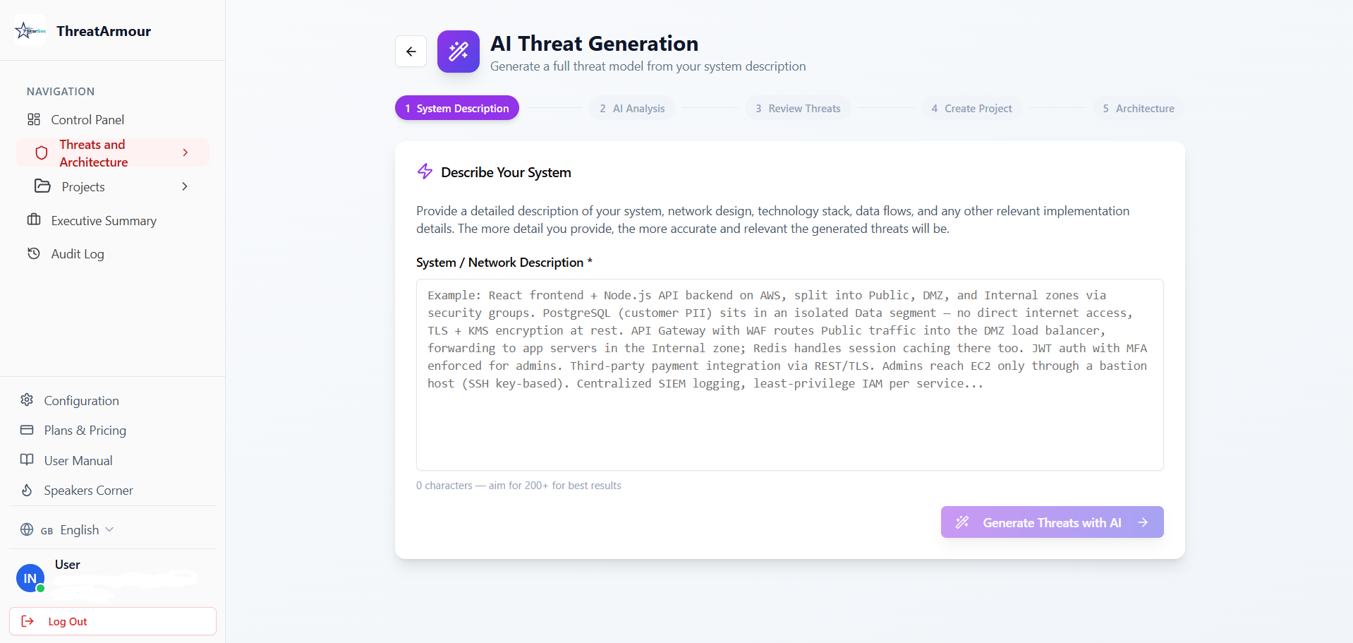 SynThreat AI Threat Generation — describe your system to generate a full threat model