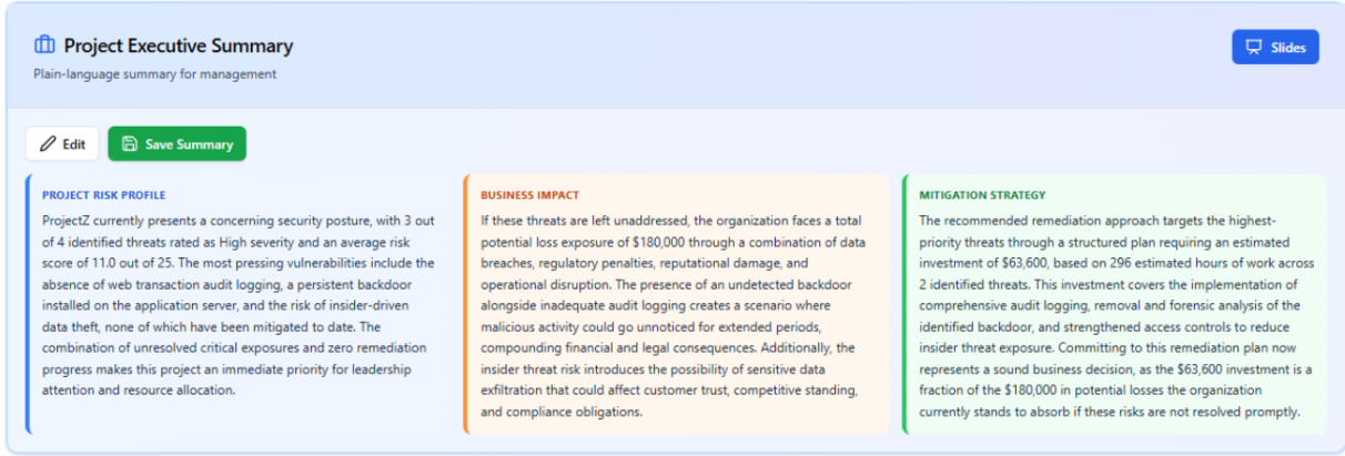 SynThreat executive summary with project risk profile, business impact and mitigation strategy